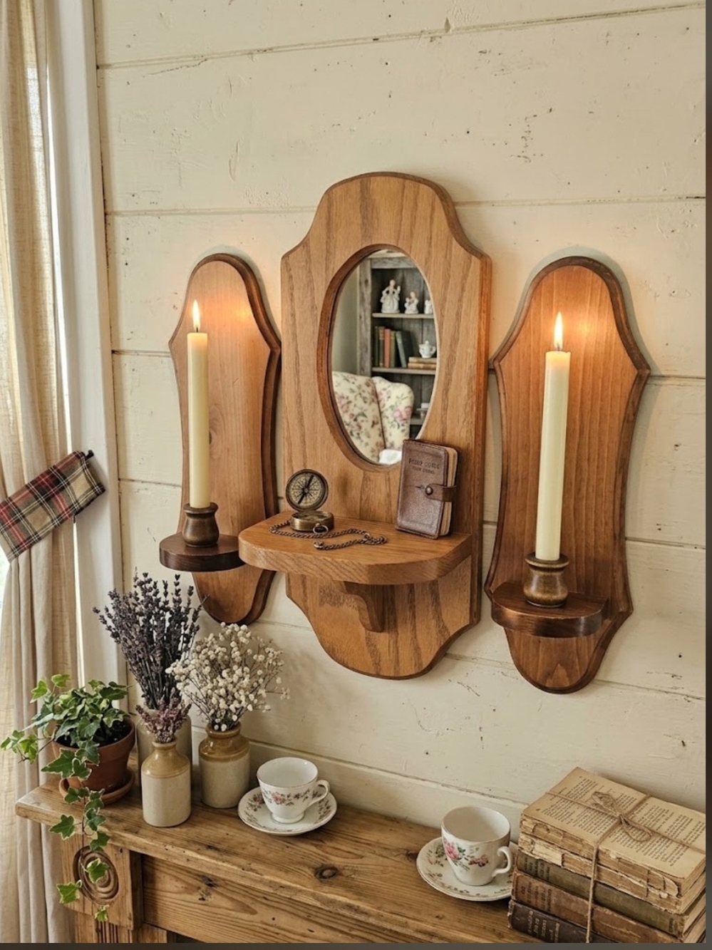 Wooden Wall Mirror Sconce Set in Natural Oak - Cottagecore